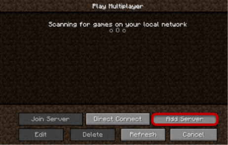 Minecraft&rsquo;s Multiplayer screen with the Add Server button highlighted.